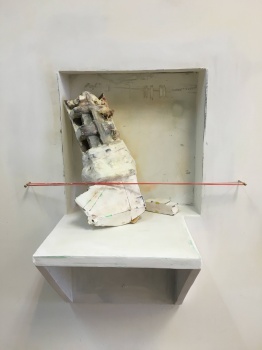 Untitled Variations, Recycled wood, rubber band, tape, pastel, spray paint, textile, see sponge, graphite, acrylic paint